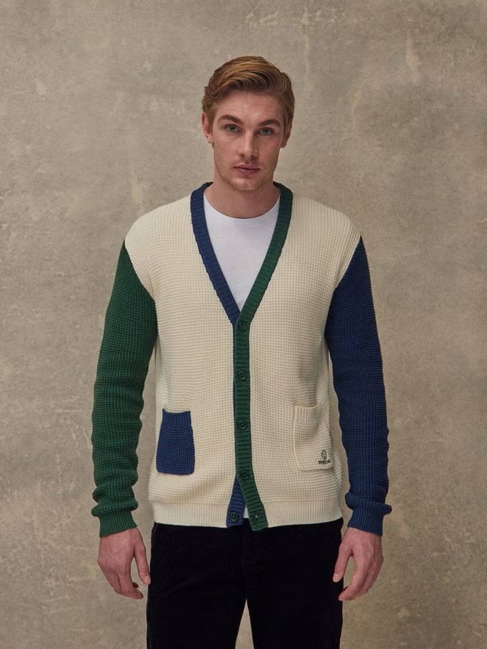 PERCIVAL • Gamma Cardigan sweater color block cream navy green collegiate ivy